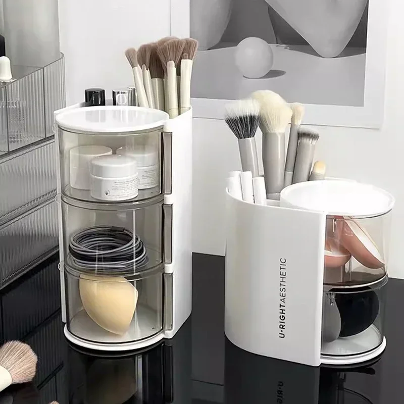 Rotating Cosmetic Storage Box Makeup Powder Puff Shelf Holder Dustproof Desktop Remover Cotton Brush Storage Rack Organizer 5