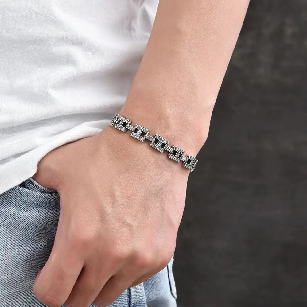 YIZIZAI Tibetan Silver Metal Chain Bracelet for Men Vintage Grass Pattern Links Bracelet Male Hip Hop Jewelry Accessories Gifts