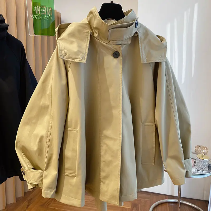 Fashionable Oversized Vintage Cloak Design Hooded Windbreaker Women's Spring Autumn Outerwear Casual Loose Fit Stylish Coat