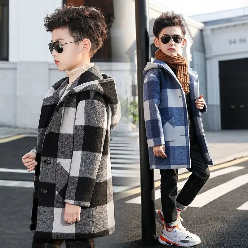

6-18y Kids Woolen Coats Winter Boys Blends Jackets Hooded Long Plaid Single-breasted Warm Children Outerwear Top Clothes H145