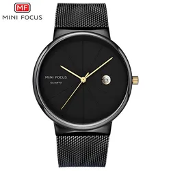 MINI FOCUS Minimalist Men's Waterproof Ultra - Thin Steel Mesh Strap Wristwatch (03 - Black)