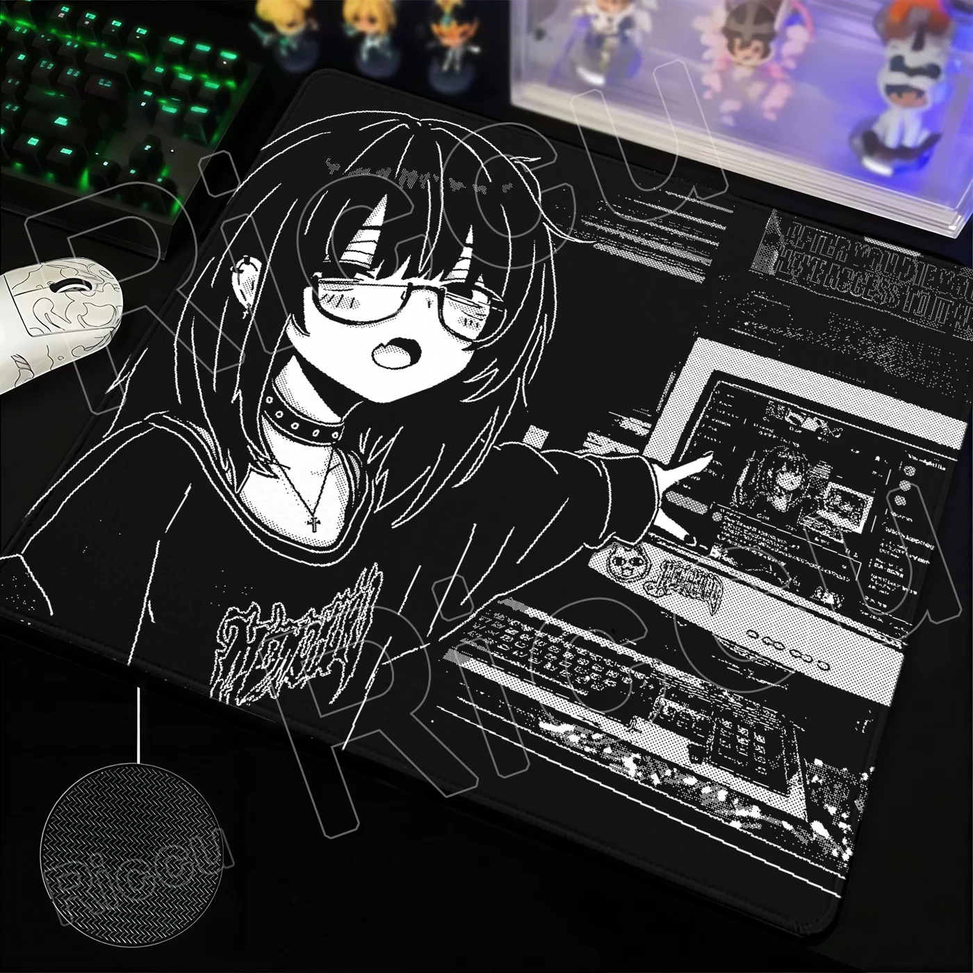 Monochrome Pixel Aesthetic Gaming Mouse Pad with Anime Design - Non-Slip Rubber Desk Mat for E-Sports & Office Use