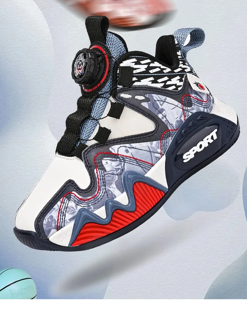Description Picture 4 of itemNew children's shoes Boys rotating button sneakers leather non-slip large children's combat boots children's basketball shoes