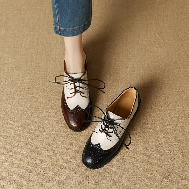 

Patchwork Lace-up Loafers Round Head Hollow Out Women Shoes Soft Sole Spring Thick Heel Outdoor Zapatos Mujer