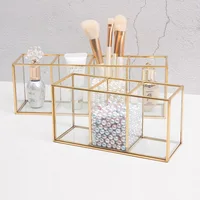 Premium Glass Makeup Brush Organizer with Gold Rim Cosmetic Brush Holder for Lipstick Eyeliners Waterproof Dustproof Storage Box 1