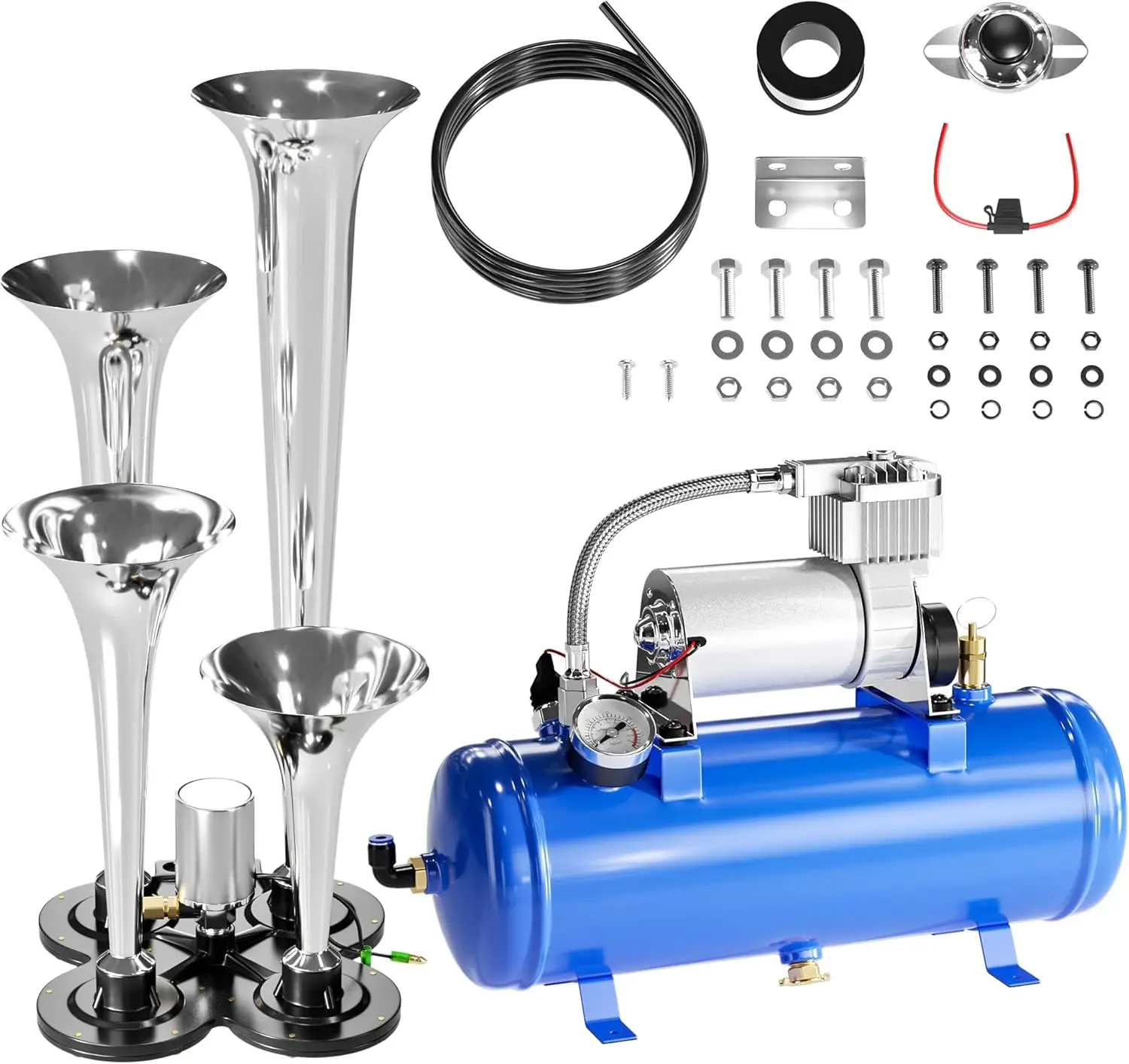 4 Trumpet Loud Train Horns Kit for 150 PSI 12V Air Compressor 1.59 Gallon for Trucks, Cars, Van Boats