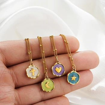 Punk Geometric Irregular Enamel Colorful Natural Stone Pendant Necklace for Women Stainless Steel Cross Heart Opal Choker Gifts 1