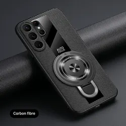 Luxury Magnetic Ring Holder Case - Premium Silicone Sheepskin Leather & Plexiglass Cover - Galaxy S26 Ultra (Carbon Fiber Patten)