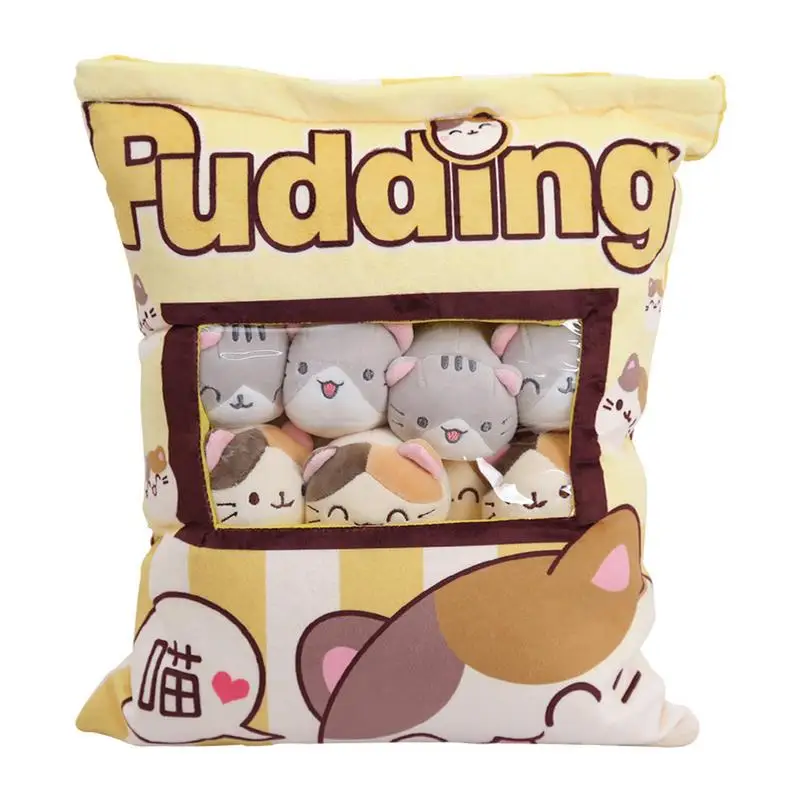 Pudding Snack Pillow Cat Throw Pillow with Removable Stuffed Animal Toys Creative 8pcs Snack Zipper Bag Decor Cushion for Girls pvc budget binder cash envelope organizer a6 notebook planner 2pcs french alphabet stickers 8pcs zipper pocket dropshipping