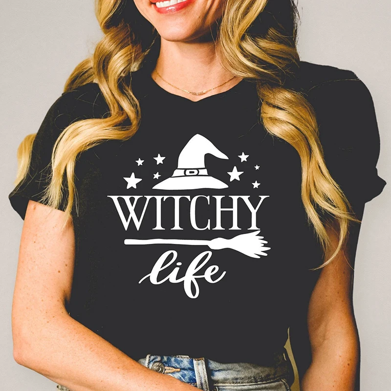 

Женская футболка из хлопка с принтом «Witch Life Magic Hat»