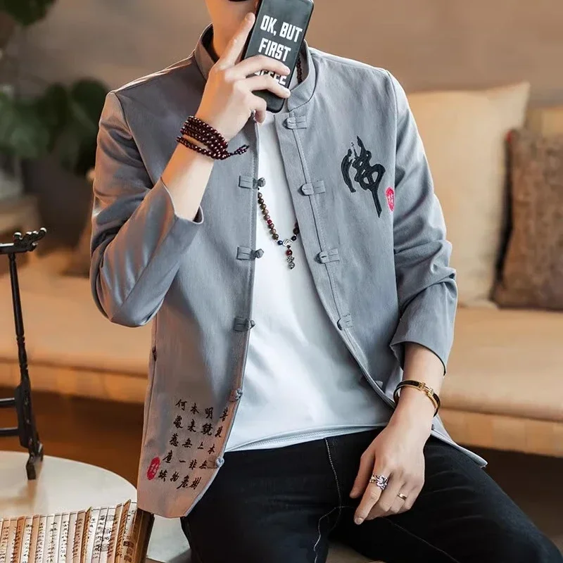 Vintage Embroidery Jacket Men's Fashion Brand Large Chinese Style Men's Clothes Casual Tang Cotton Linen Coat Traditional