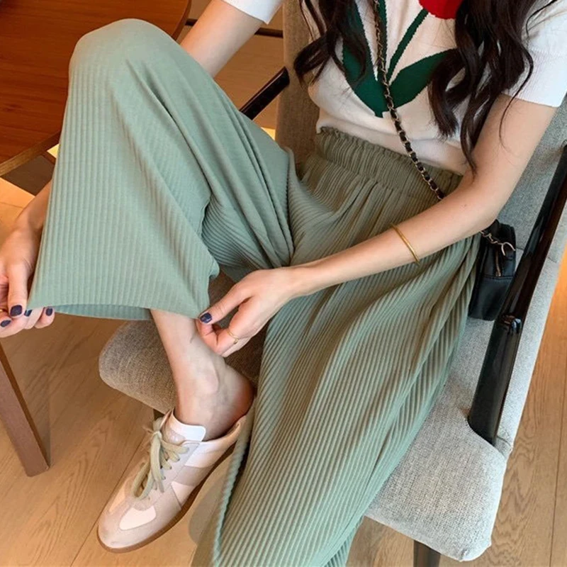 corduroy pants Rimocy Elastic Wide Leg Summer Pants Women 2022 High Waist Pleated Casual Pants Woman Comfy Solid Color Loose Sweatpants Female adidas track pants