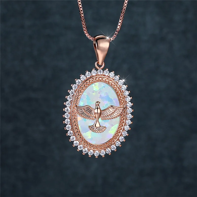 Cute Dove of Peace Pendant Necklace Blue White Opal Oval Stone Necklace Rose Gold Silver Color Chain Necklaces For Women Jewelry