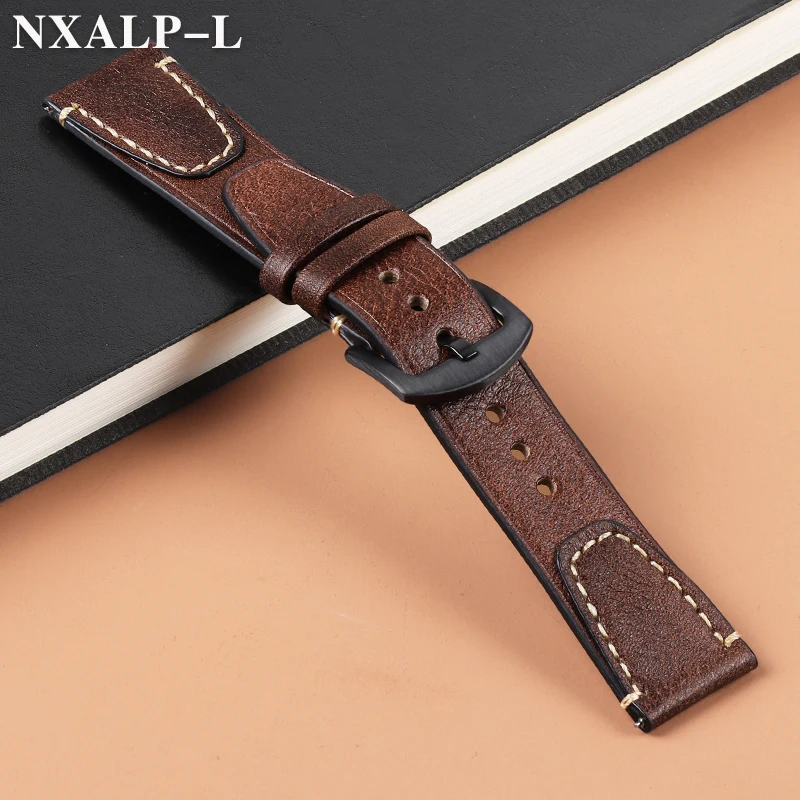 Vintage Genuine Leather Watch Band with Stitching - Retro Cowhide Quick Release Strap