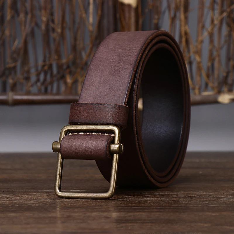 3.8CM No Hole Men's Belt Thick Genuine Leather Strap Copper Buckle Cowhide Casual Jeans Belt High Quality Retro Luxury Male Belt