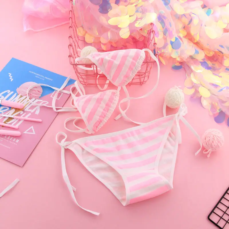 Erotic Lingerie Japanese Sexy Lingerie Lolita Kawaii Blue Pink White Striped Mini Bikini Adult Cosplay Erotic Costumes Bra Women Underwear Set