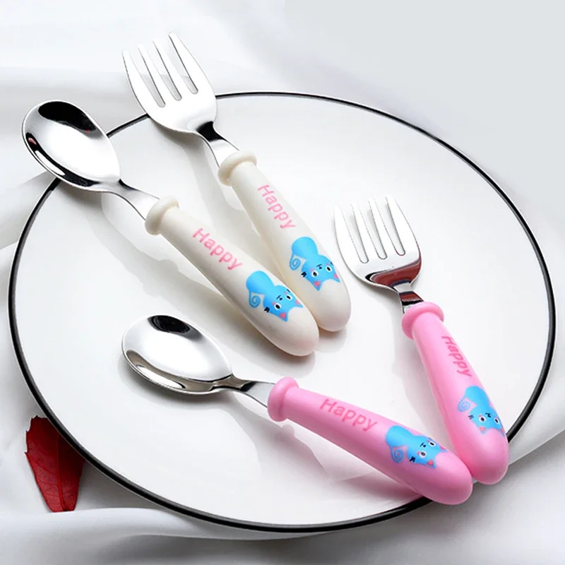 2pcs/Set Baby Gadget Tableware Children Utensil Stainles Steel Toddler Dinnerware Cutlery Cartoon Infant Food Feeding Spoon Fork 6
