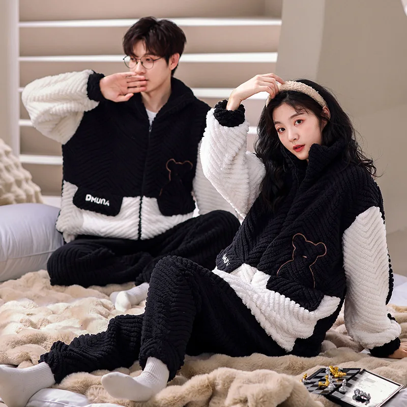 2023 New Zipper Flannel Sleepwear for Couples Winter Warm Thicken Pijamas Set Men Home Clothes Women Coral Fleece Loungewear