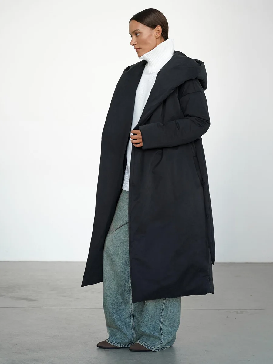 Bornladies Solid Color Extended Retro Parkas 2025 Winter New Women's Belt Warm Hooded Cotton Jacket Coat