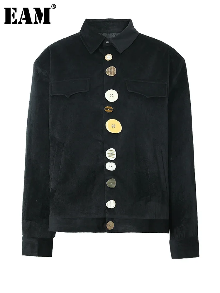 

[EAM] Loose Fit Corduroy Irregular Button Big Size Jacket New Lapel Long Sleeve Women Coat Fashion Spring Autumn 2024 1DF3122