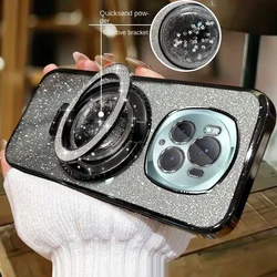 Luxurious Bling Glitter Quicksand Ring Stand Protective Case with Soft Back Cover for Magic 6 Pro (Black)