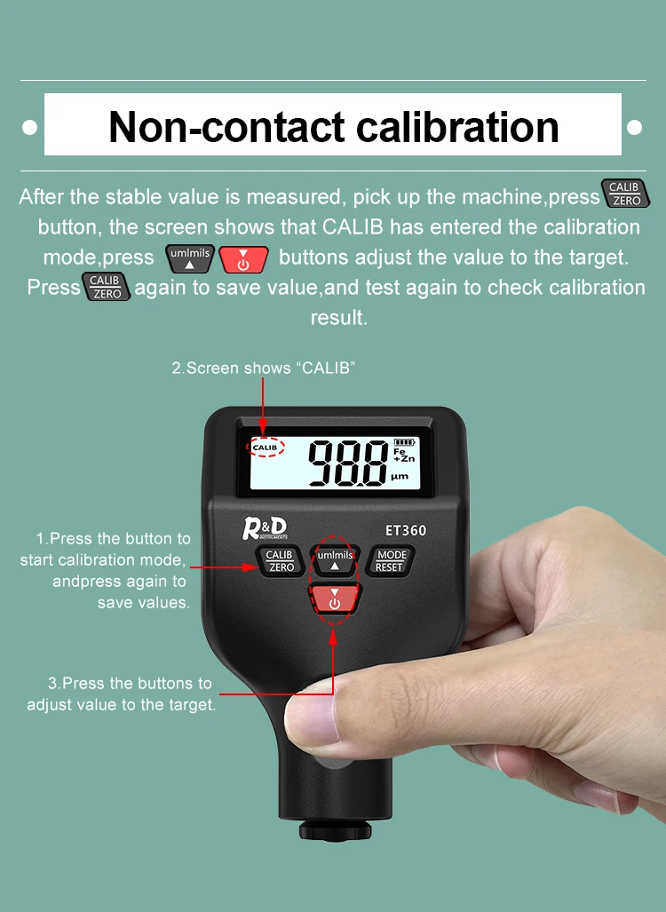 Description Picture 6 of itemR&D ET360 Magnetic Thickness Gauge Backlight Car Paint Tester 0-1500um Work Under Low Temperature 0.1um Russia English Manual