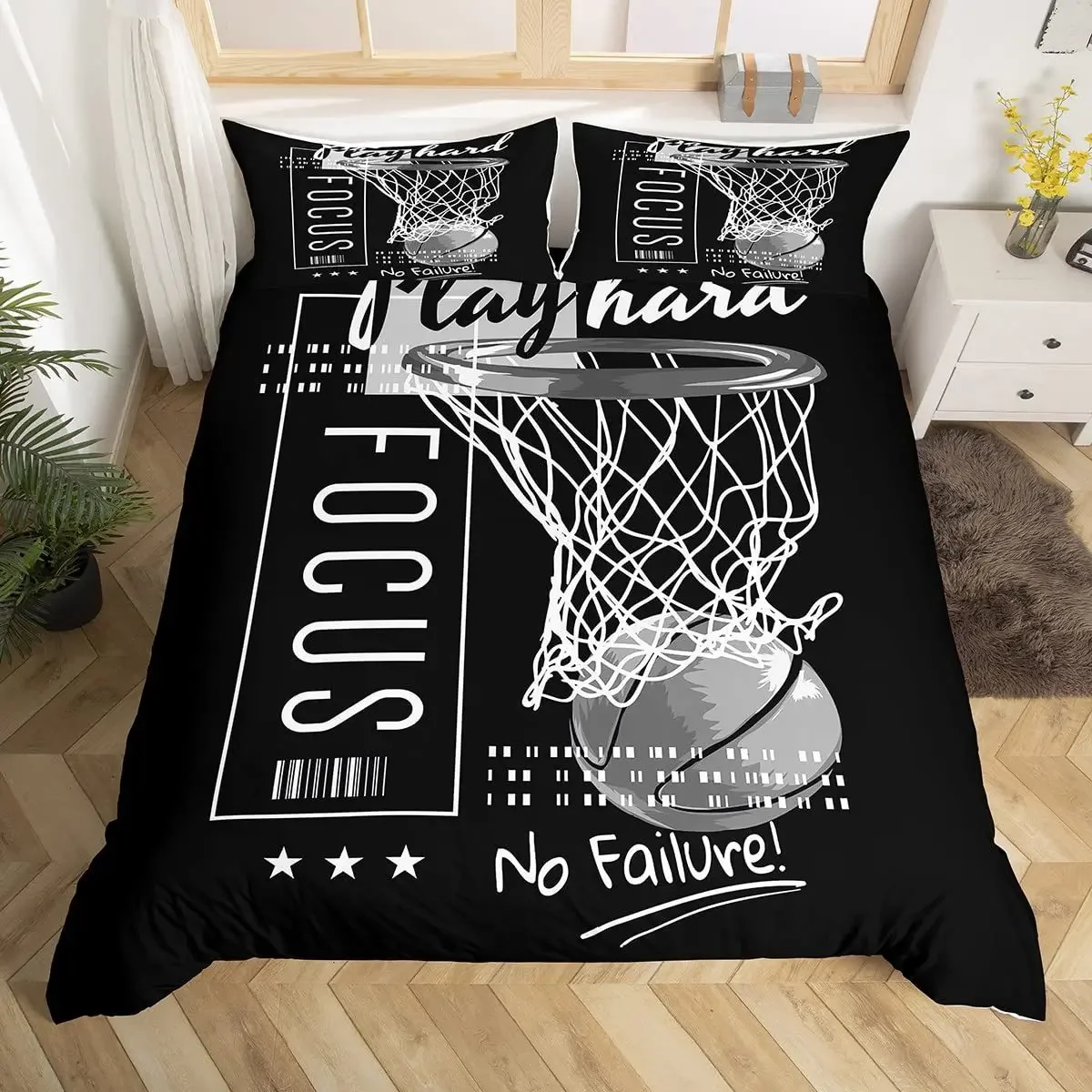 Basketball Comforter Cover Queen Size Sport Dunk Basketball Duvet Covers For Kids Teens, Black Ball Print Bedding Set All Season