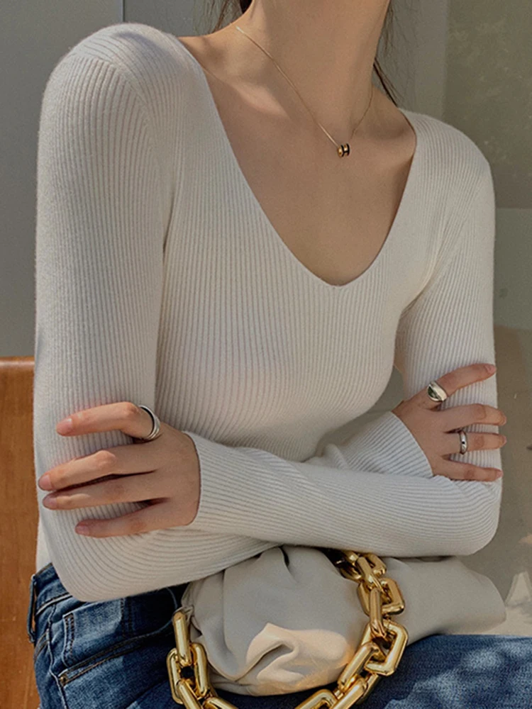 Spring Autumn V Neck Women Sweater Casual Long Sleeve Slim