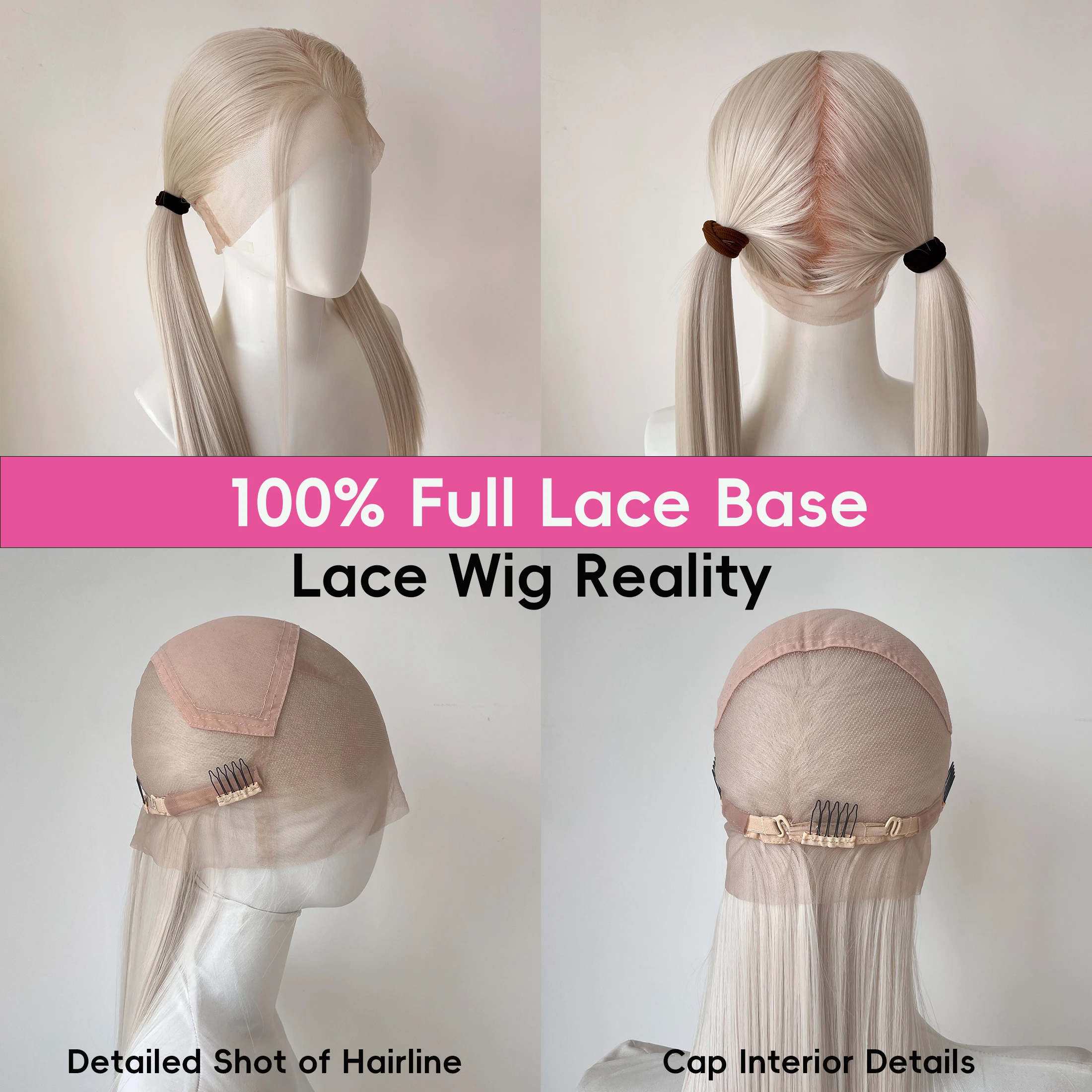 Parrucca Full Lace 22 Pollici Biondo Platino Capelli Sintetici Biondo Argento Senza Colla Cosplay Festival Feste Unisex Annodata a Mano Resistente al Calore - immagine 3