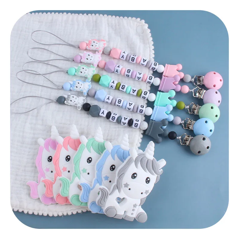 Personalized Safe Teething Teether Unicorn Crown Soother Toy Baby Silicone Pacifier Clips Chains Nipples Handmade Dummy Holder