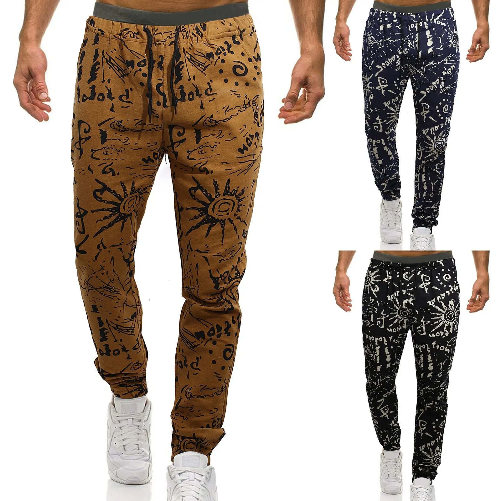 Description Picture 2 of itemMen Casual Pants Retro Ethnic Style Mid-Waist Drawstring Printed Man Y2k Clothing With Pockets Gym Work Trousers Pantalones
