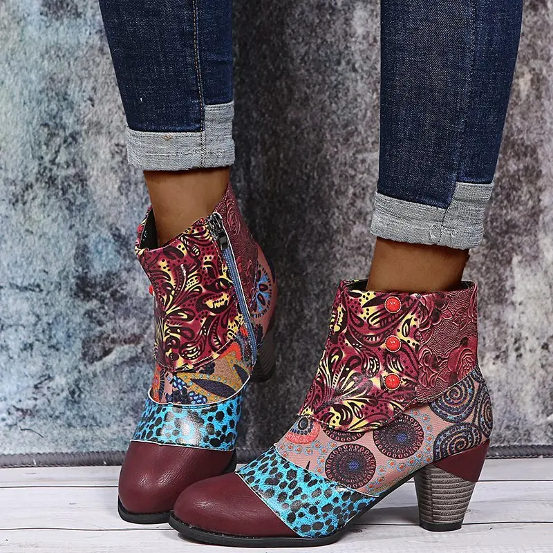 Women Sexy Shoes Splicing Printed Ankle Boots for Female PU Leather Retro Block High Heels Bohemian Ladies Autumn Short Boots