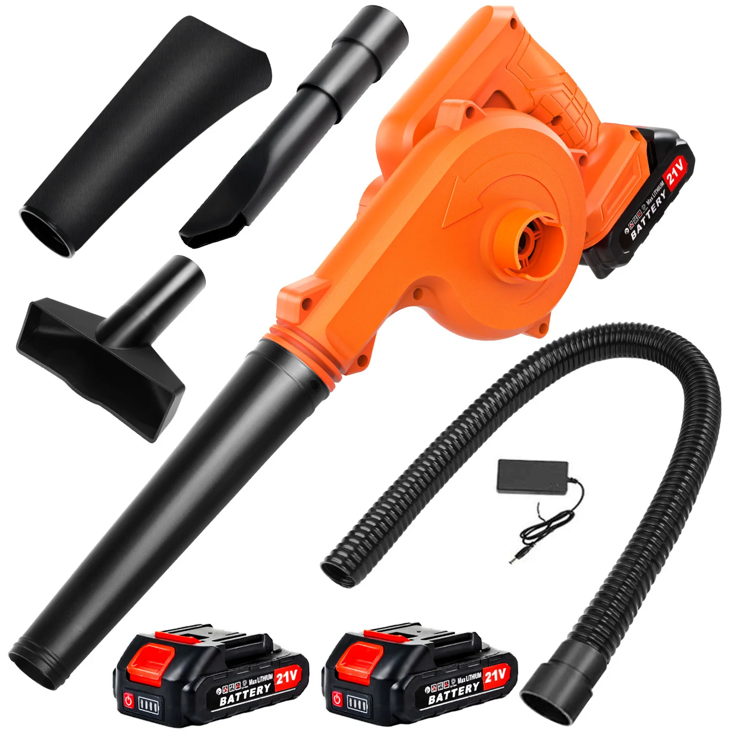 Cordless leaf blower and vacuum cleaner, with battery and charger, 2-in-1 21V cordless leaf blower, 150 CFM lightweight mini cordless leaf blower, for lawn care/dust removal/pet hair – orange handheld electric blower