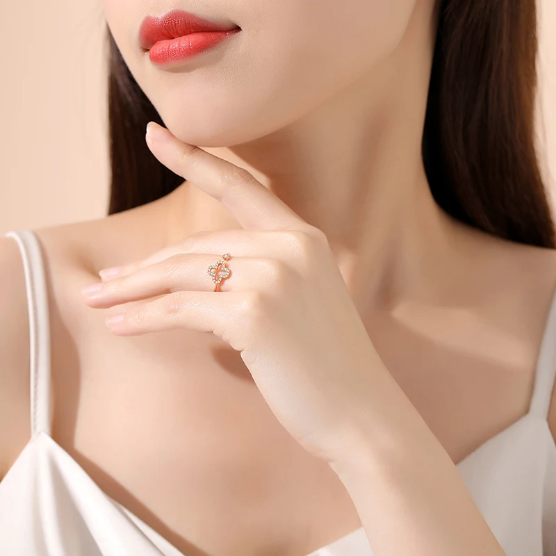 European S925 Silver Couple Ring Adjustable size 5-8 AAA CZ Four-leaf Clover For Women Birthday Party Gift Fine Jewelry