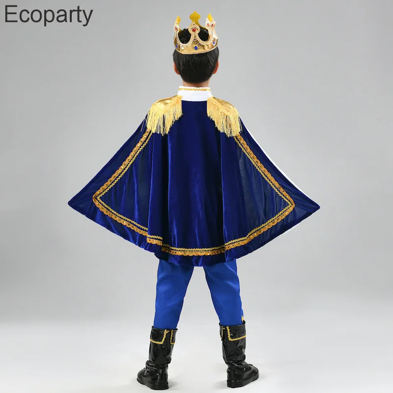 7pcs Set Kids Prince Costume Medieval King Jacket Cape Pants Crown Mace Suit Boys Halloween Party