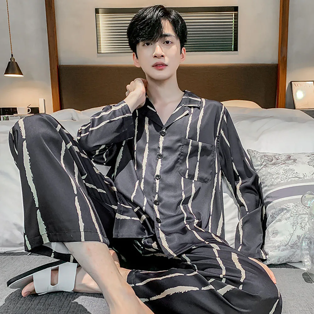 L-3XL Silk-Like Smooth Soft Sleeping Sleepwear Spring Autumn Breathable Loose Men Pajama Sets Fashion Letter Print Pijama Hombre