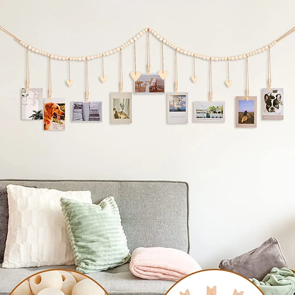 Hanging Photo Display with Log Color Wooden Bead String Photo Storage Tassel String Hemp Rope Bead Clip Home Decoration photography clamps