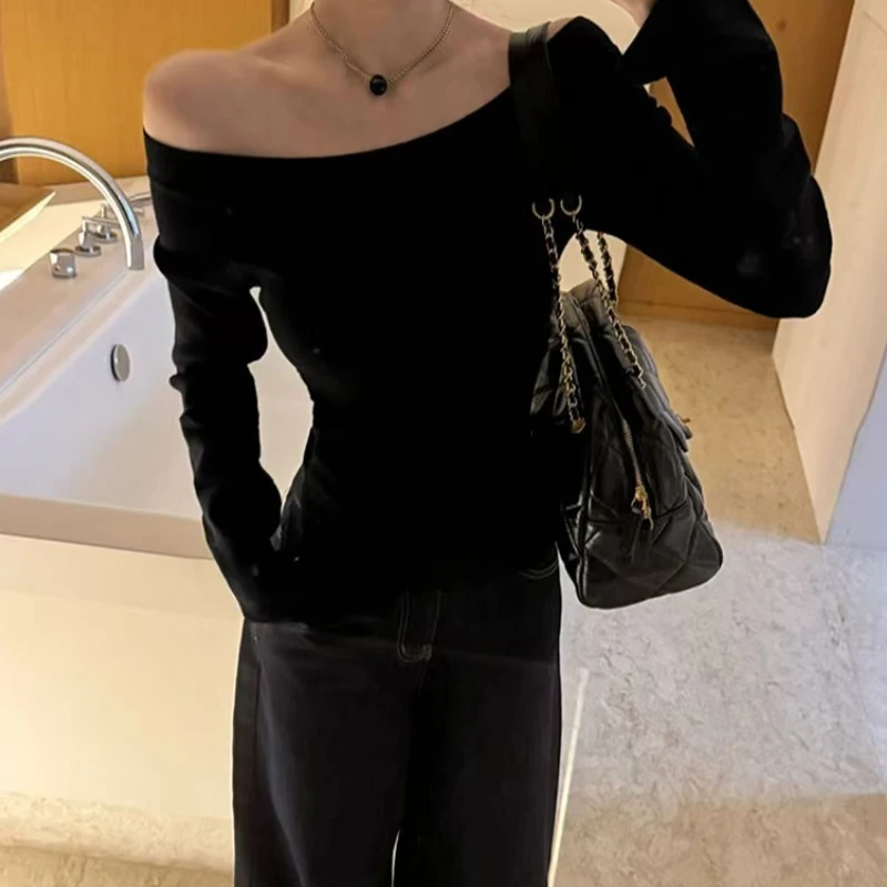 Autumn and Winter New Off Shoulder Long-sleeved Women's Knitted Sweater Fashion and Casual Solid Color Knitwear Bottom Shirt