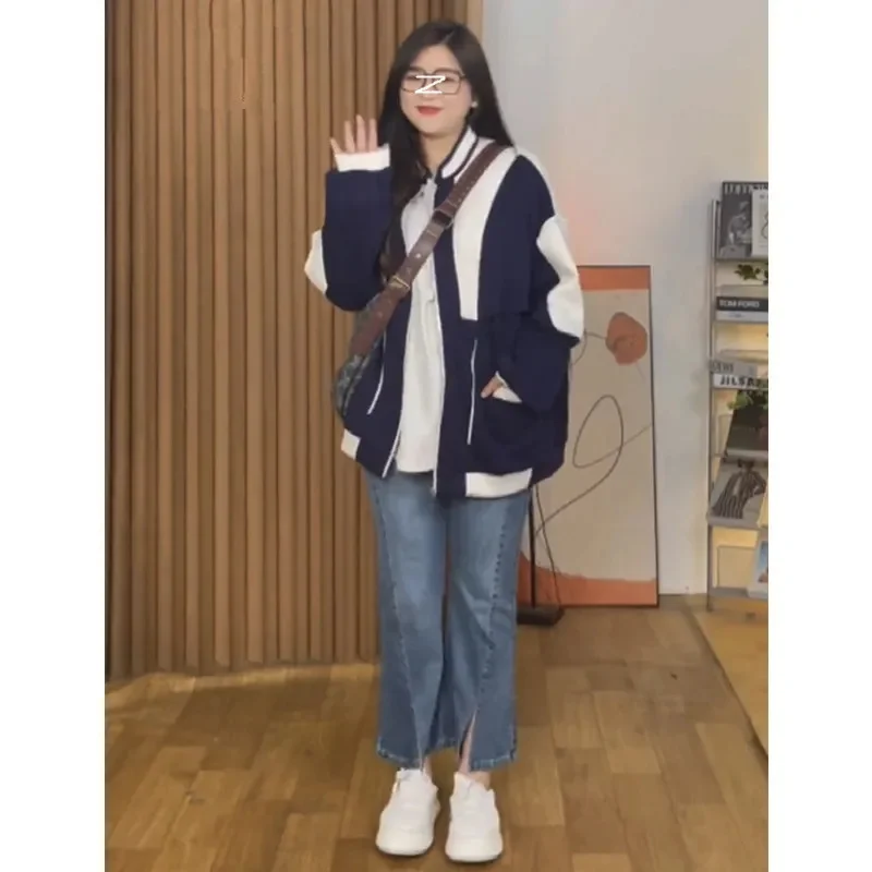 300 Pounds Fat mm American Retro Color Patchwork Loose Baseball Clothes 2023 Spring and Autumn New Coat Coat Female Commuter