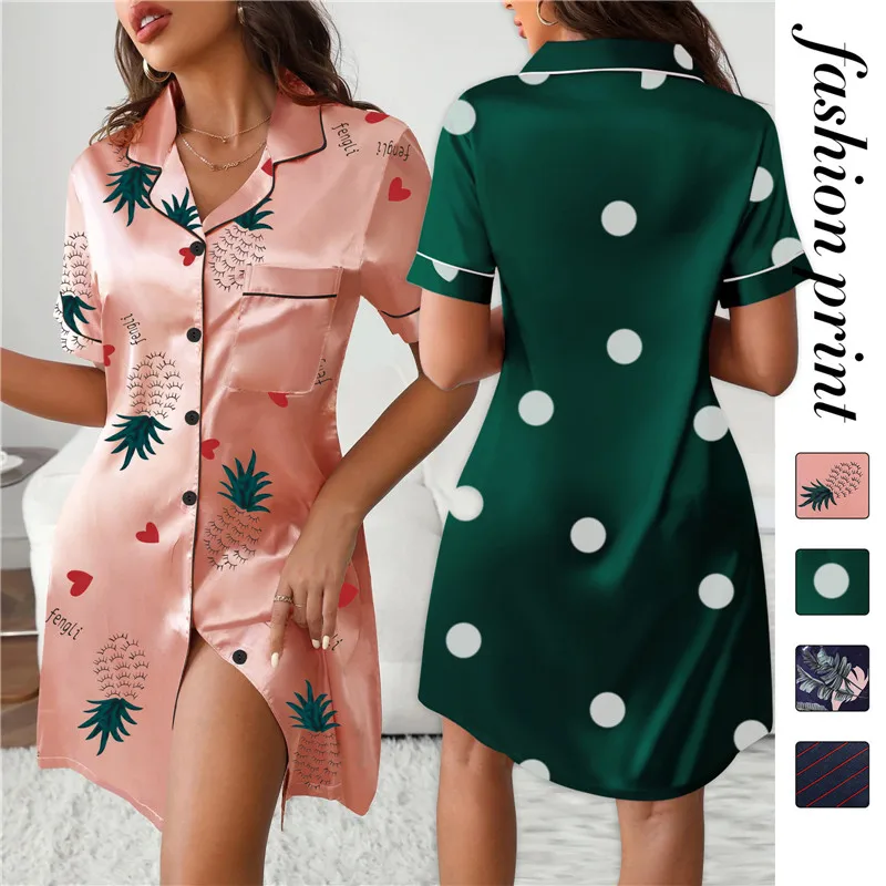 

Women'S Print Loose Pajamas Summer Short Sleeve Silk Satin Print Nightgowns Casual Sexy Homewear Nightdress