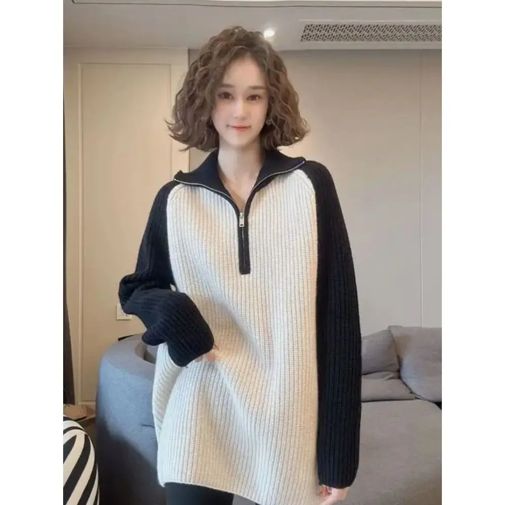 

Pullovers Zipper Women Panelled All-Match Fashion Sweet Simple Loose Casual Korean Style Autumn Warm Sweater Retro Basic Ladies