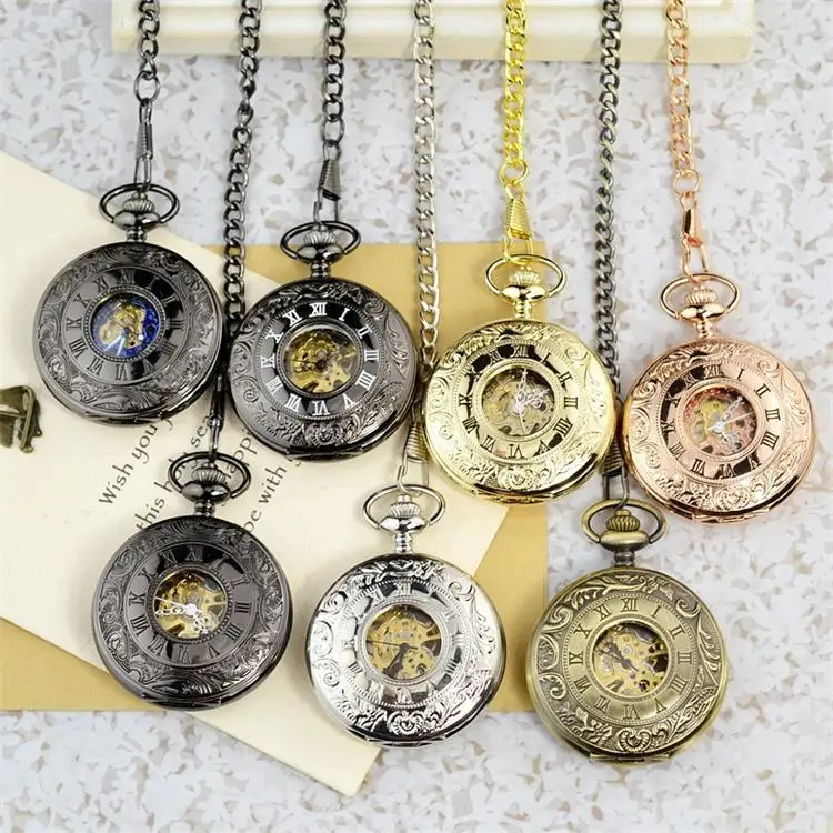 Luxury Golden Mechanical Pocket Watch for Men Women hollow Dial Roman Gold Case Fob Chain Pendant Clock for Collection Gift