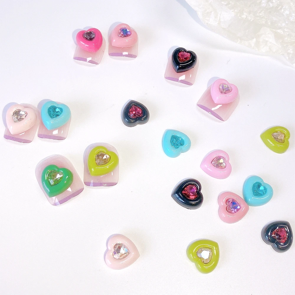 Dopamine Girls 3D 네일 아트 하트 라인스톤 참, 귀여운 액세서리 부품, 매니큐어 장식, 손톱 장식 용품, 10PCs