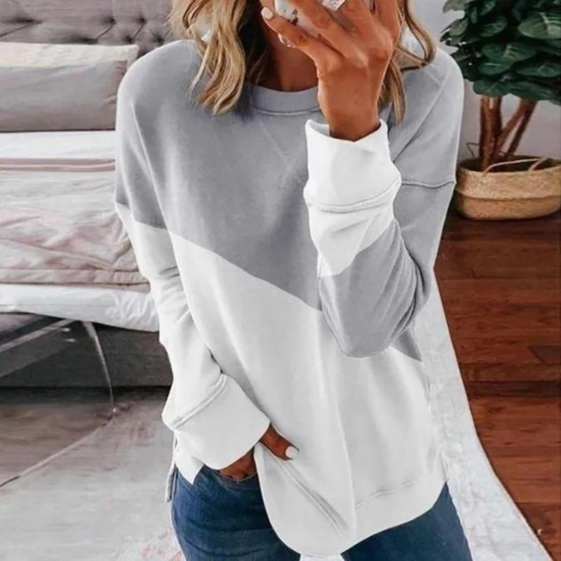 

Fashion Splice Contrast Women Hoodies Casual Loose O-Neck Long Sleeve Solid Color Thin Style Sweatshirts Elegant Holiday Hoodies