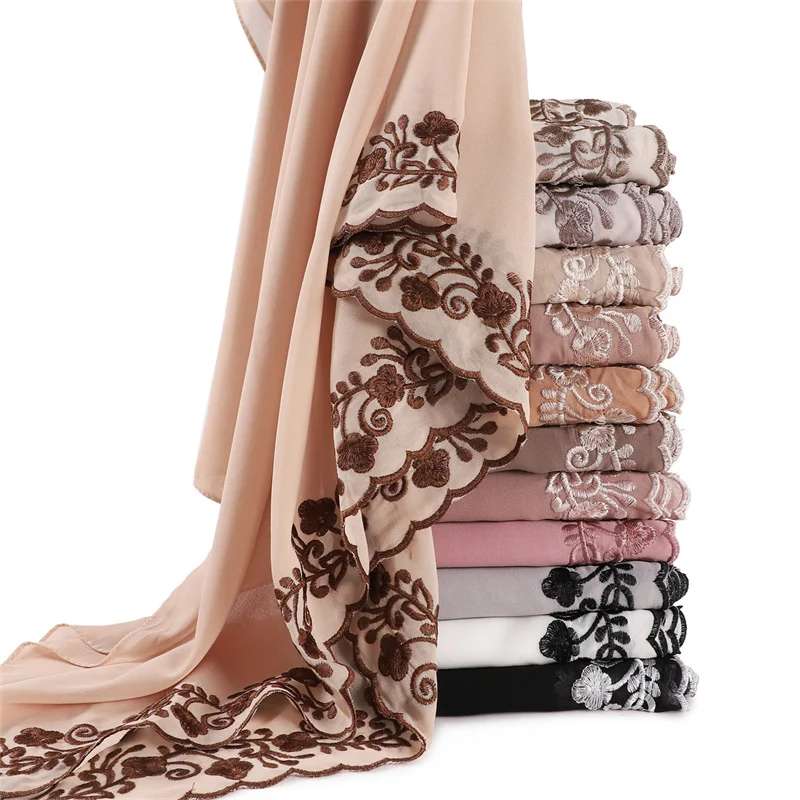 Plain Sticken Floral Blase Chiffon Hijab Ramadan Spitze Stich Schals Frauen Sonnencreme Kopftuch Outdoor Winddicht Kopf Wrap – Detail 5