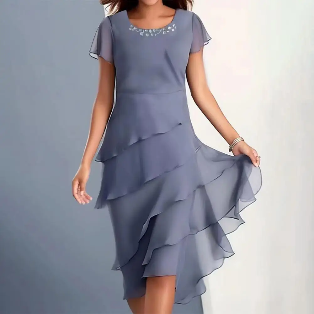 

Pleated Short Sleeve Dress Elegant Beaded Decor O-neck Midi Dress Layered Cake Hem Flowy Party Wedding Guest Dress Short Sleeve