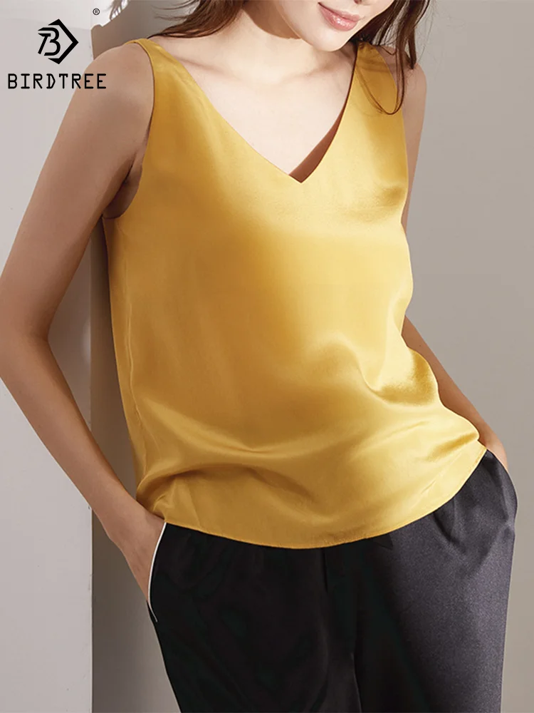 

Birdtree 100% Mulberry Silk Tank Tops V Necks Solid Colors Sleevesless Tshirt 2023 Summer Camisole Office Workwear Tees T34410M