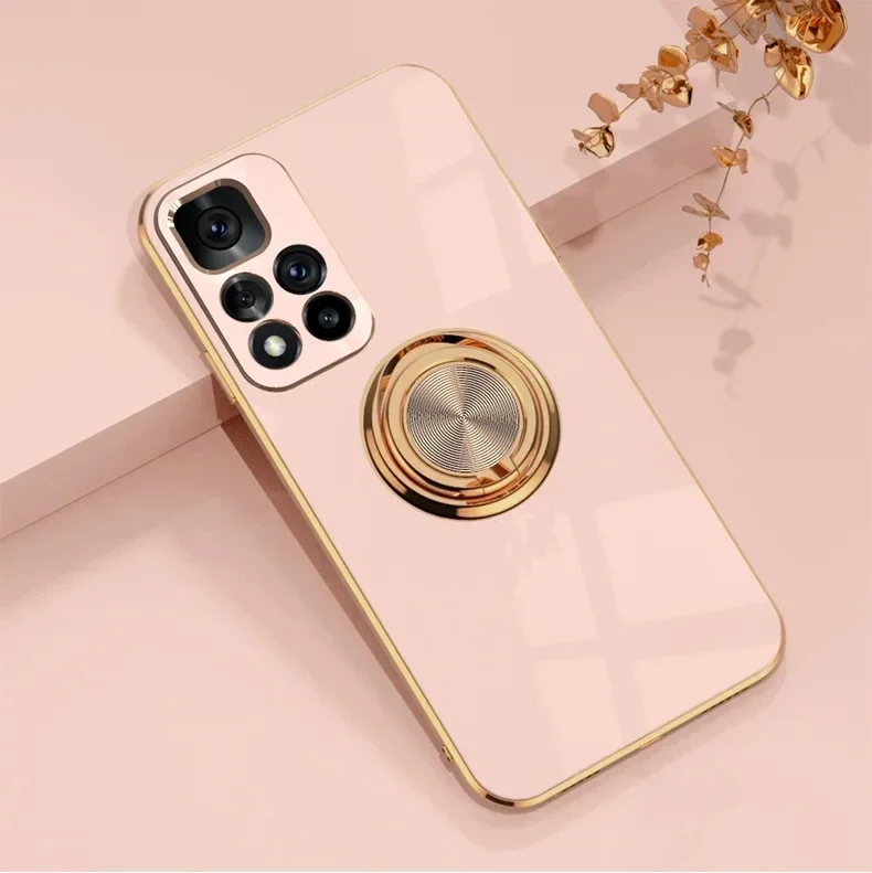 Luxury Plating Gloss Silicone Phone Case with 360° Rotating Ring Holder - Shockproof Design