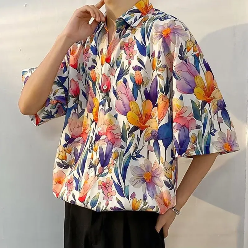 Summer Men Loose Shirt Tulip Floral Printed Blouses For Male Short Sleeve Shirts Top Vacation Clothes Fashion Streetwear