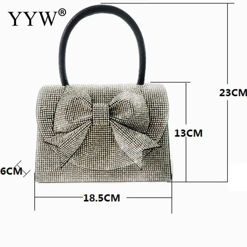Square PU Leather Women Top Handle Bag Shiny Rhinestone Bowknot Clutch Handbag Metal Chain Crossbody Shoulder Messenger Purse